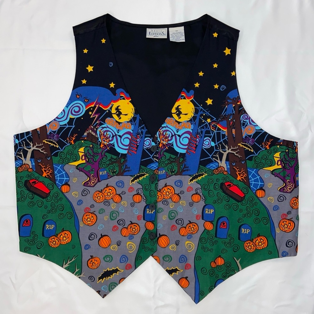 Basic Editions 90's Halloween themed vest with Witches Pumpkins Cat & Bats sz 1X